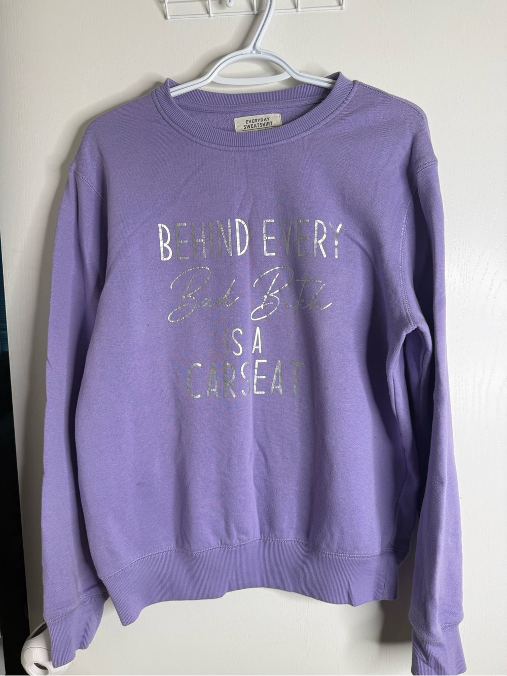 "Behind Every Bad B** is a Carseat" Graphic Lavender Crewneck Sweatshirt Small